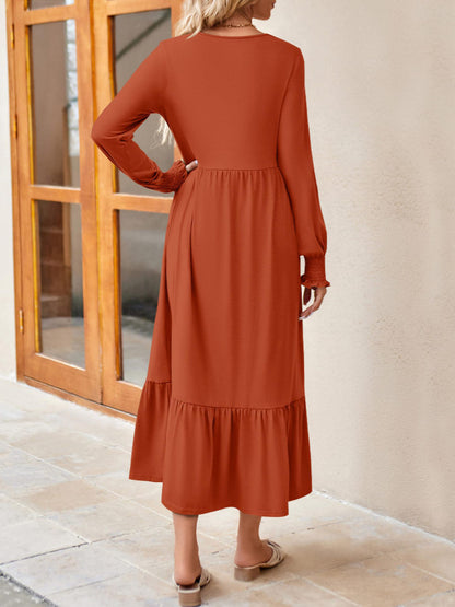 Round Neck Lantern Sleeve Ruffle Hem Dress-Teresa&#39;s Fashionista LLC