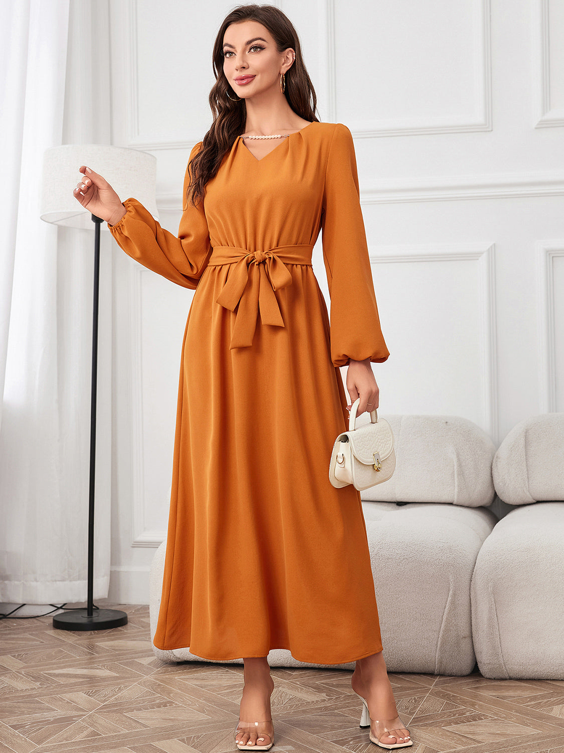 Tie Waist Puff Sleeve Maxi Dress-Teresa&#39;s Fashionista LLC