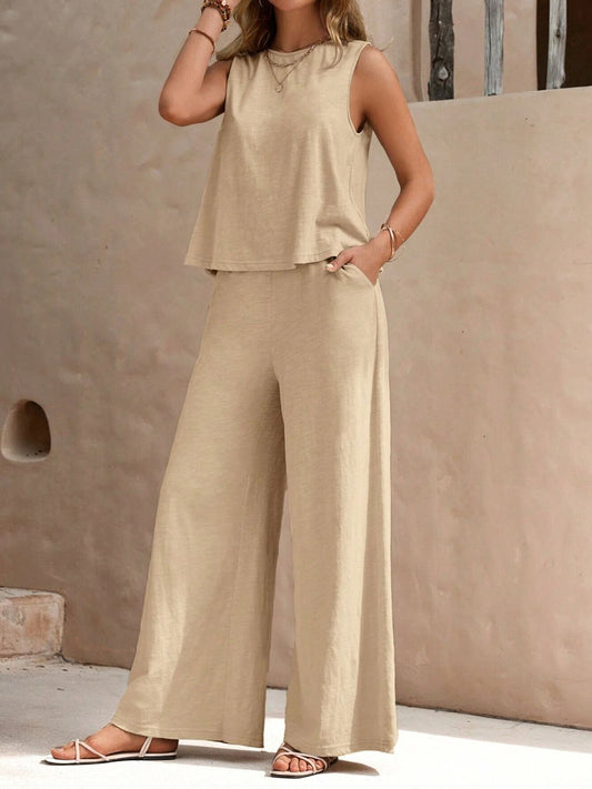 Round Neck Sleeveless Top and Wide Leg Pants Set-Teresa&#39;s Fashionista LLC