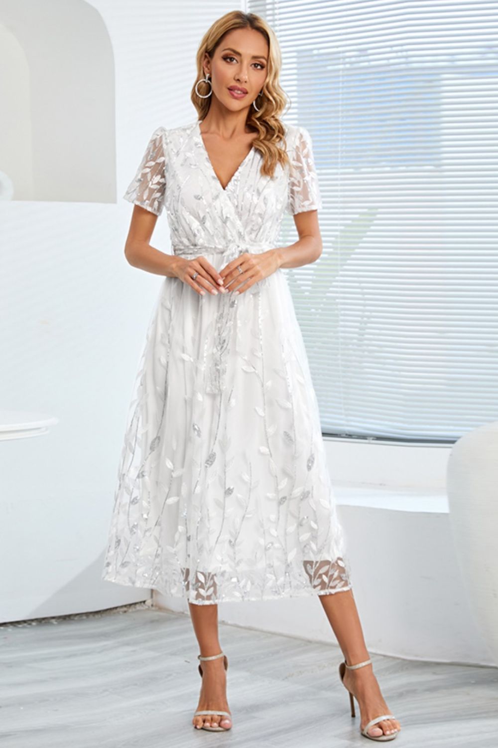 Sequin Leaf Embroidery Tie Front Short Sleeve Dress-Teresa&#39;s Fashionista LLC