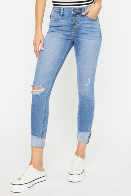 Kancan Distressed Cat's Whiskers Button Fly Jeans - Teresa's Fashionista LLC