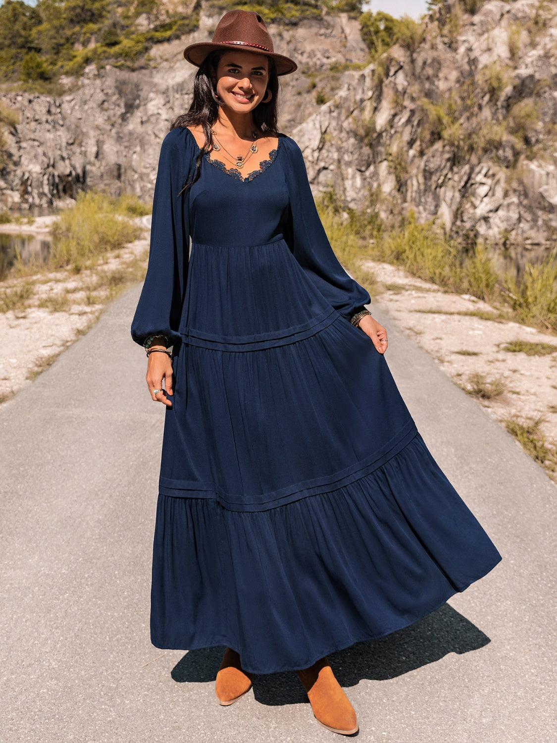 Long Sleeve Lace Trim Maxi Dress-Teresa&#39;s Fashionista LLC