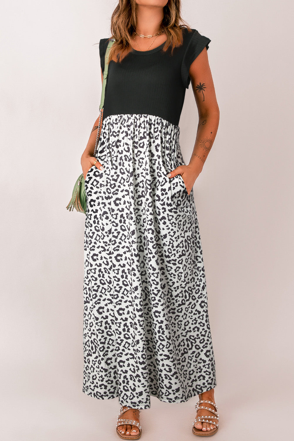 Leopard Print Round Neck Maxi Dress with Pockets-Teresa&#39;s Fashionista LLC