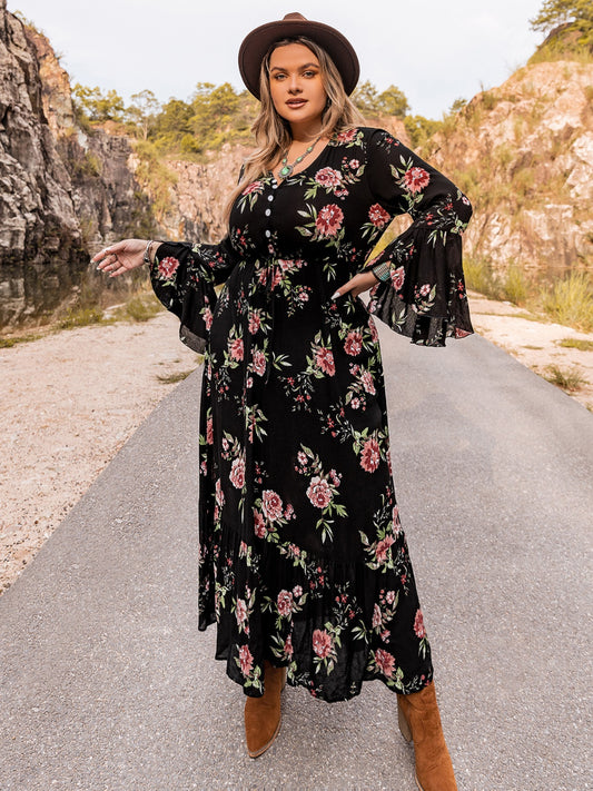 Plus Size Floral Flare Sleeve Dress-Teresa&#39;s Fashionista LLC