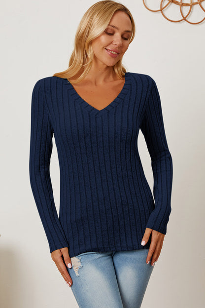 Basic Bae Full Size Ribbed V-Neck Long Sleeve T-Shirt-Teresa&#39;s Fashionista LLC