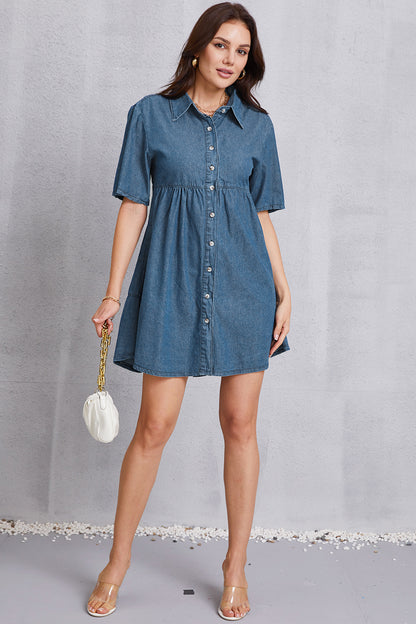 Button Up Collared Neck Tiered Denim Dress-Teresa&#39;s Fashionista LLC