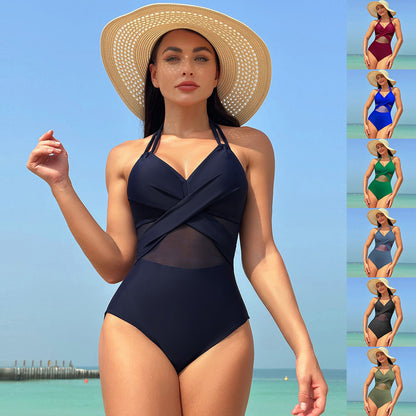 Halter-neck One-piece Swimsuit Summer Solid Color Cross-strap Design Mesh Bikini Beach Vacation Womens Clothing-Teresa&#39;s Fashionista LLC