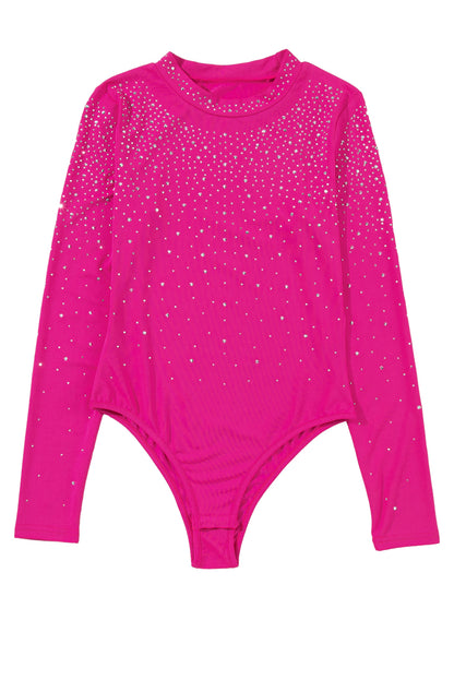 Rose Rhinestone Mesh Long Sleeve Bodysuit-Teresa&#39;s Fashionista LLC