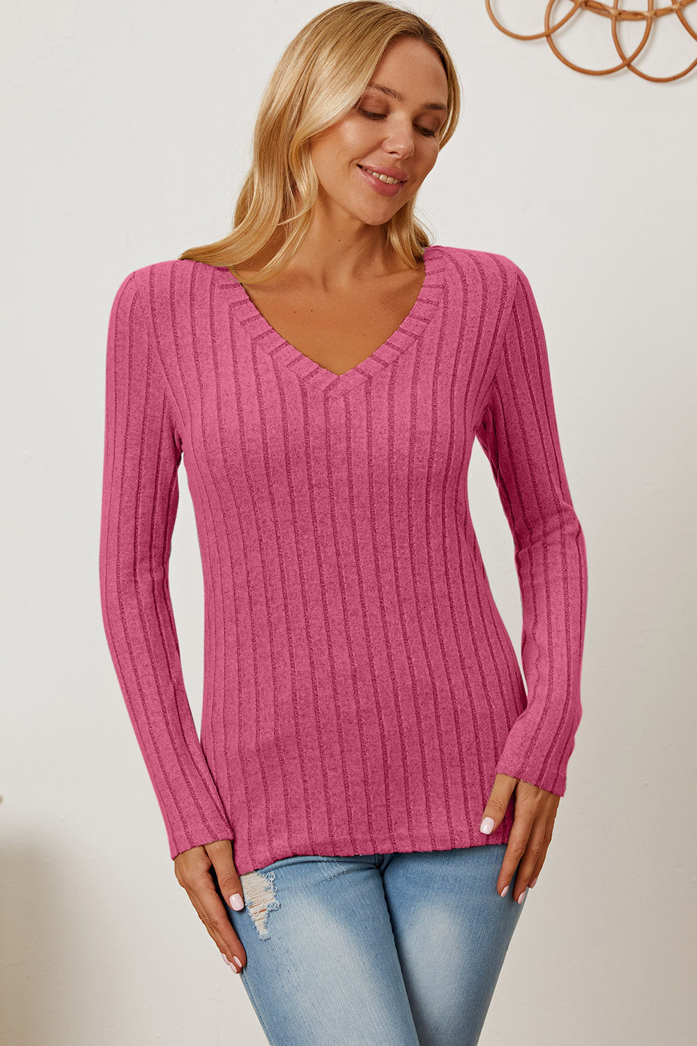 Basic Bae Full Size Ribbed V-Neck Long Sleeve T-Shirt-Teresa&#39;s Fashionista LLC