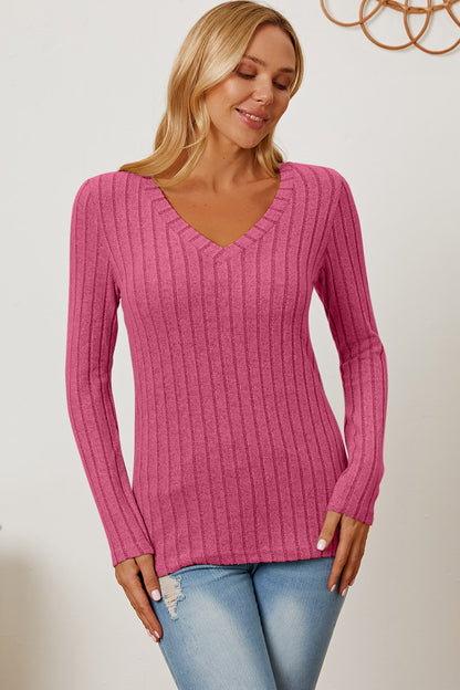 Basic Bae Full Size Ribbed V-Neck Long Sleeve T-Shirt-Teresa&#39;s Fashionista LLC