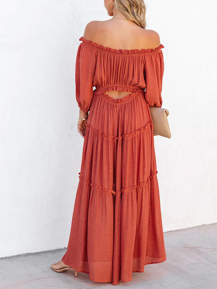 Ruffle Trim Off Shoulder Long Sleeve Maxi Dress-Teresa&#39;s Fashionista LLC