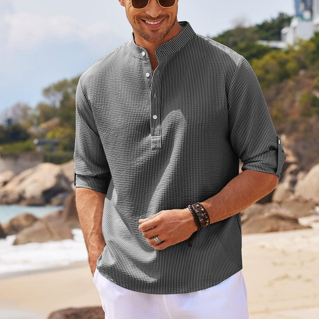 Men's Casual Shirt Long Sleeve Stand Collar Solid Color Shirt Mens Clothing-Teresa&#39;s Fashionista LLC