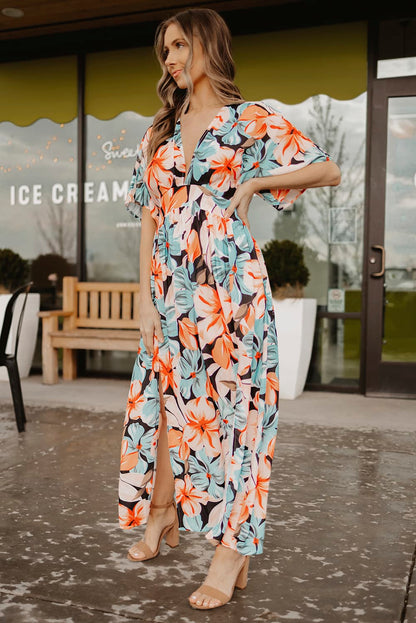 Floral Slit Plunge Short Sleeve Dress-Teresa&#39;s Fashionista LLC