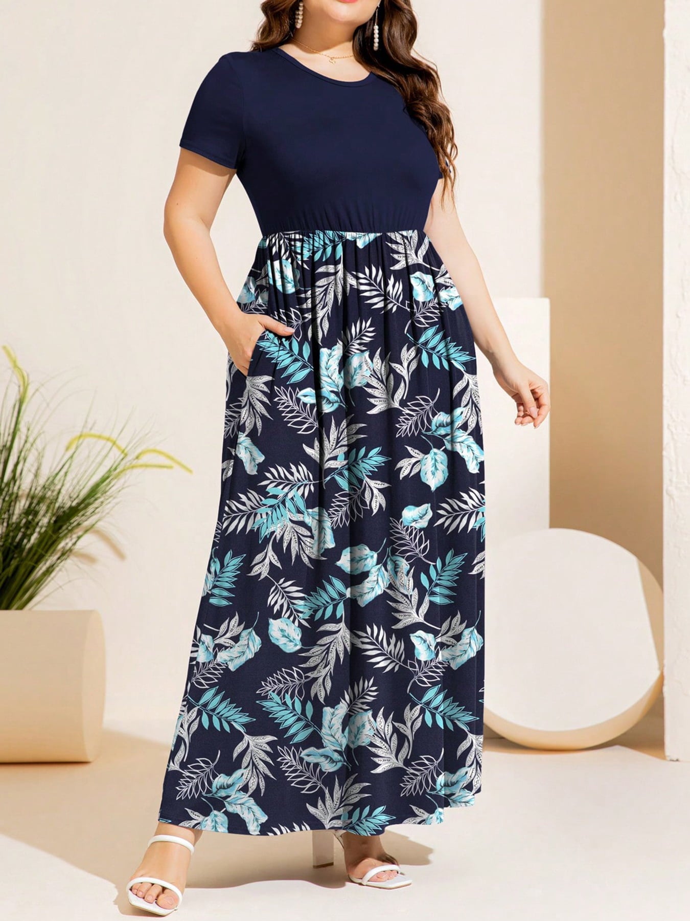 Plus Size Printed Round Neck Short Sleeve Maxi Dress - Teresa's Fashionista LLC