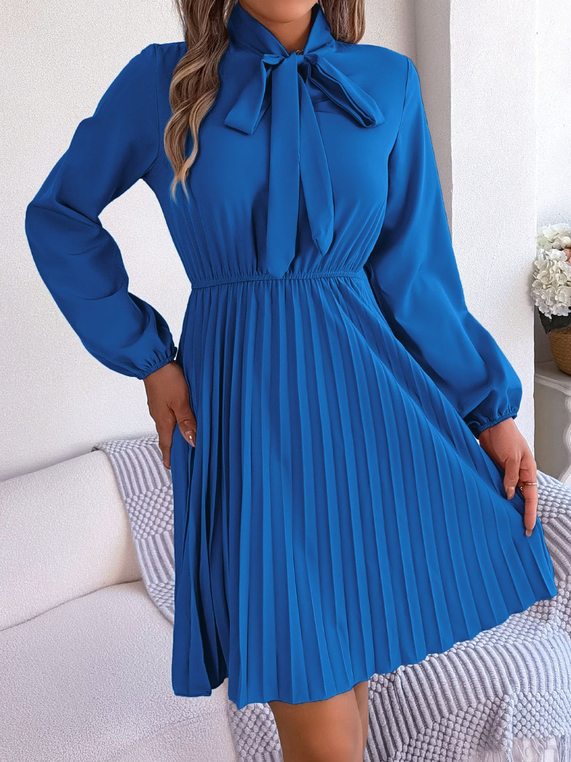 Tie Neck Balloon Sleeve Pleated Dress-Teresa&#39;s Fashionista LLC