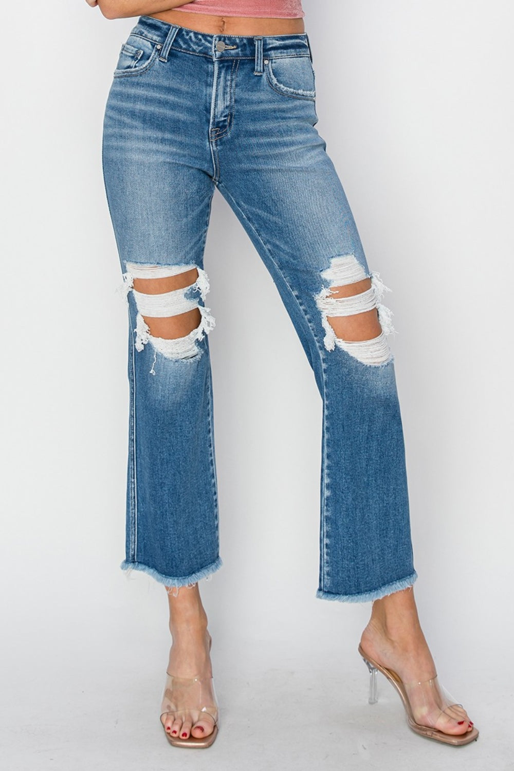 RISEN Mid Rise Distressed Cropped Flare Jeans-Teresa&#39;s Fashionista LLC