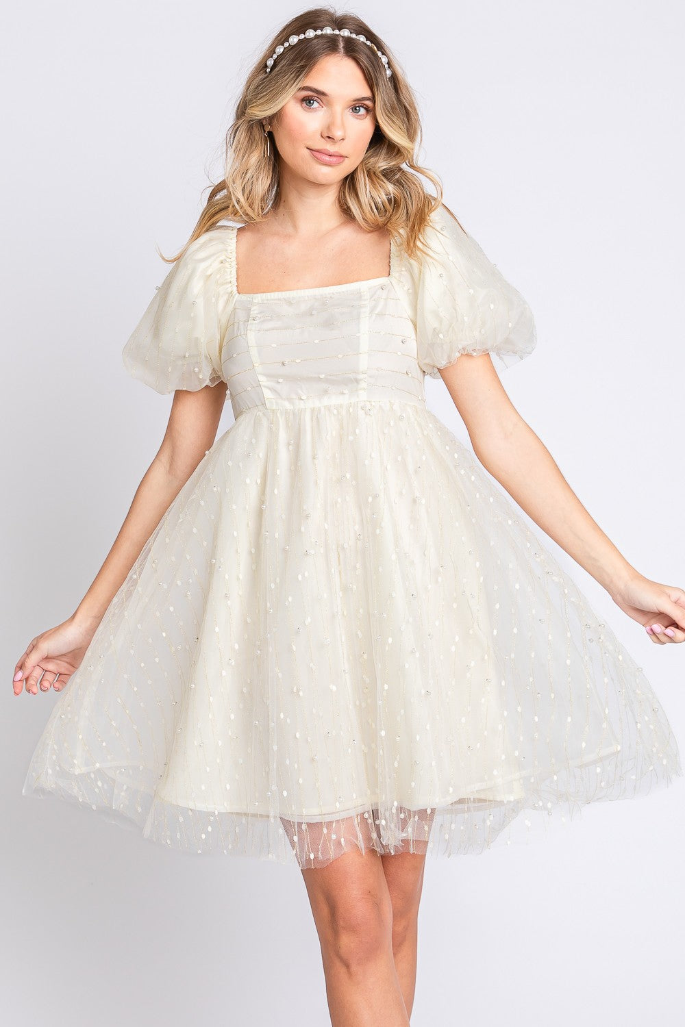 GeeGee Pearl Mesh Puff Sleeve Babydoll Dress-Teresa&#39;s Fashionista LLC