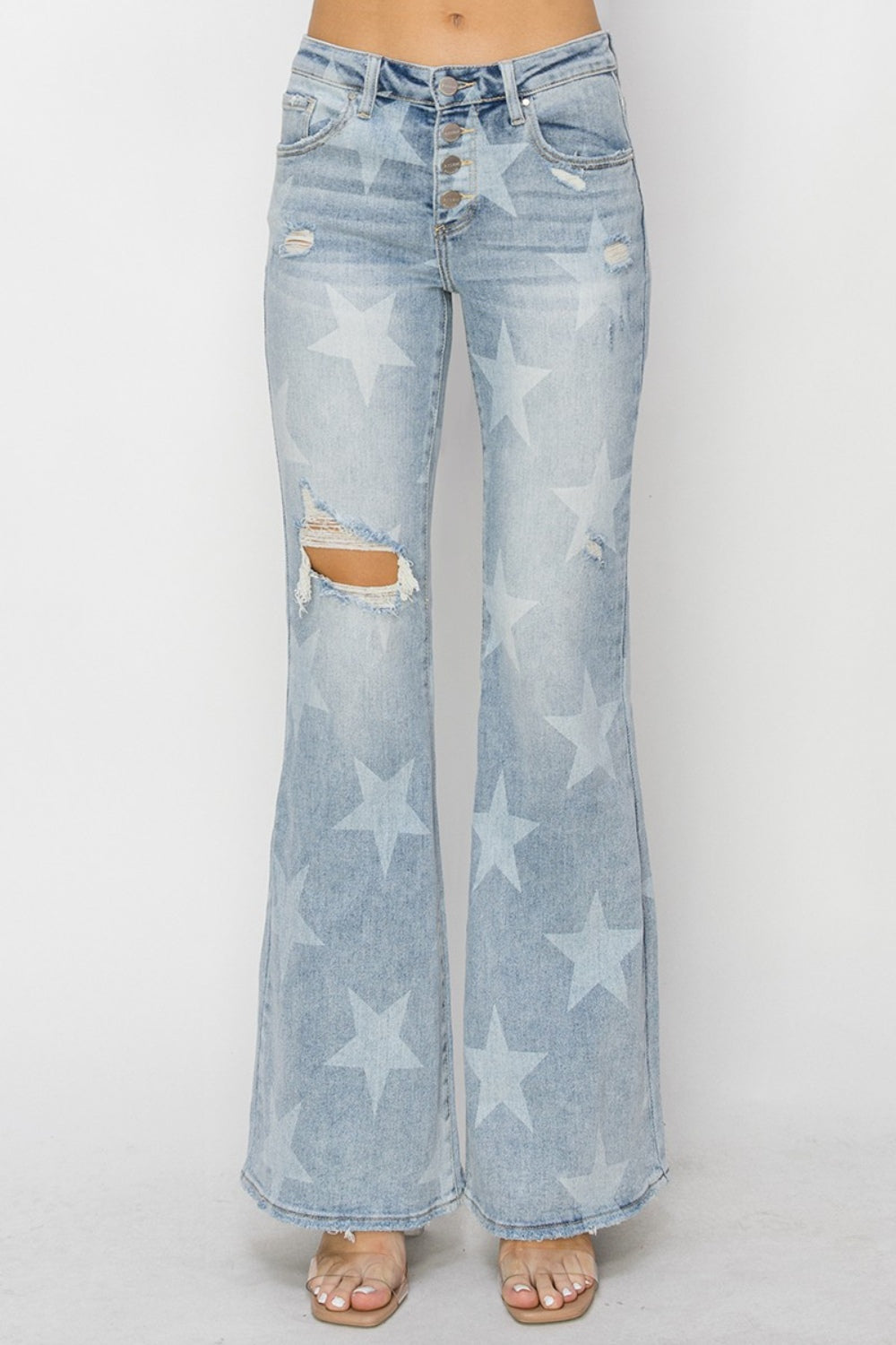 RISEN Mid Rise Button Fly Start Print Flare Jeans-Teresa&#39;s Fashionista LLC