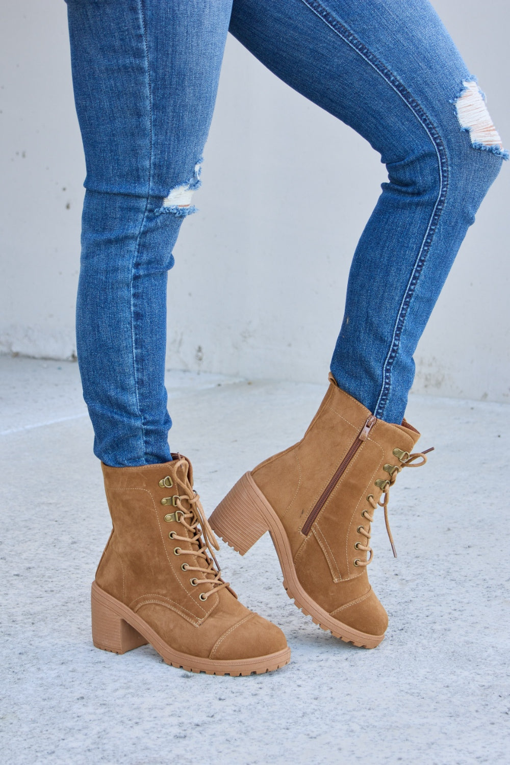 Forever Link Lace-Up Zipper Detail Block Heel Boots-Teresa&#39;s Fashionista LLC