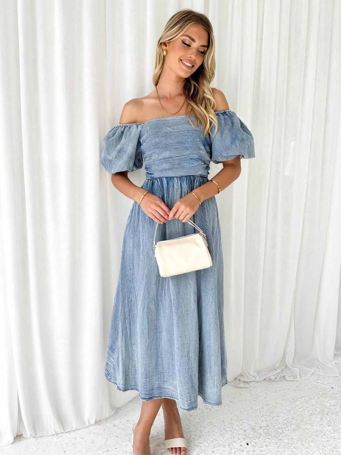 Off-Shoulder Balloon Sleeve Denim Dress-Teresa&#39;s Fashionista LLC