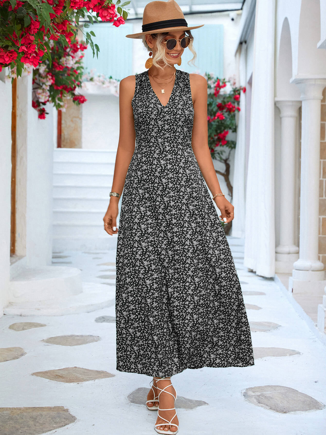 Printed Open Back Sleeveless Maxi Dress-Teresa&#39;s Fashionista LLC