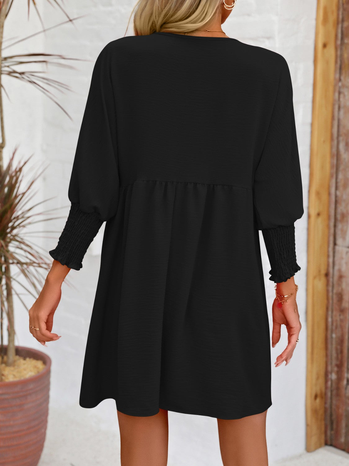 Round Neck Lantern Sleeve Mini Dress-Teresa&#39;s Fashionista LLC