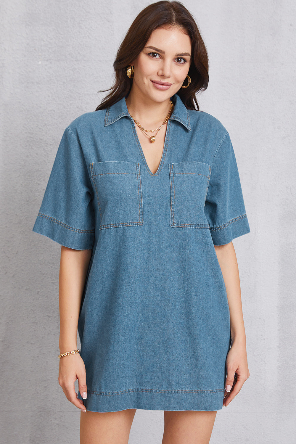 Pocketed Collared Neck Mini Denim Dress-Teresa&#39;s Fashionista LLC