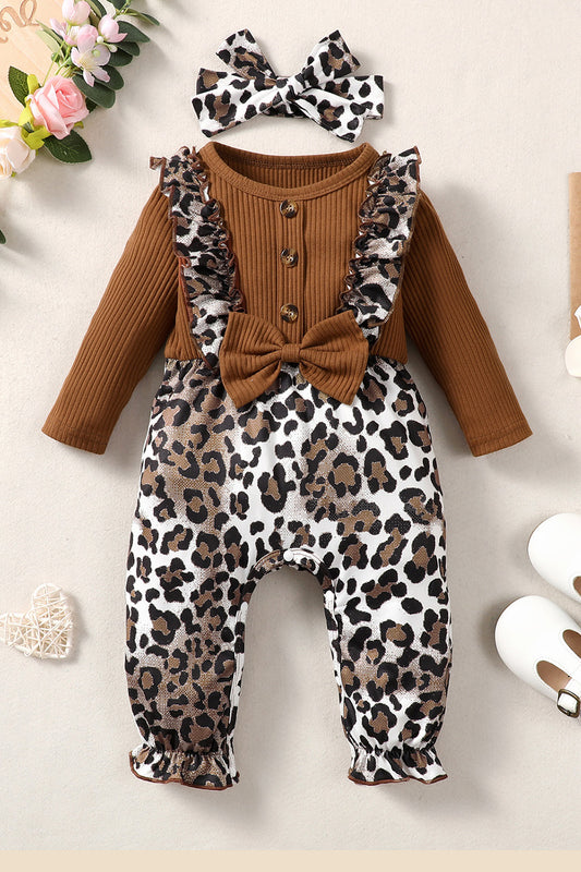 Leopard Bow Round Neck Long Sleeve Jumpsuit - Teresa's Fashionista LLC