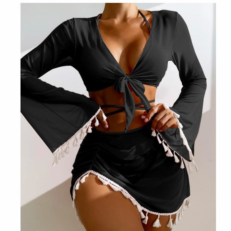 4pcs Solid Color Bikini With Short Skirt And Long Sleeve Cover-up Fashion Bow Tie Fringed Swimsuit Set Summer Beach Womens Clothing-Teresa&#39;s Fashionista LLC