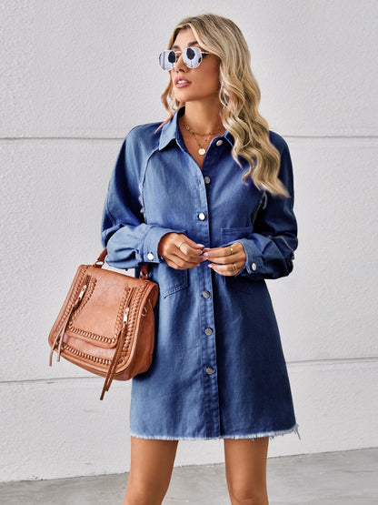 Raw Hem Button Up Denim Dress-Teresa&#39;s Fashionista LLC