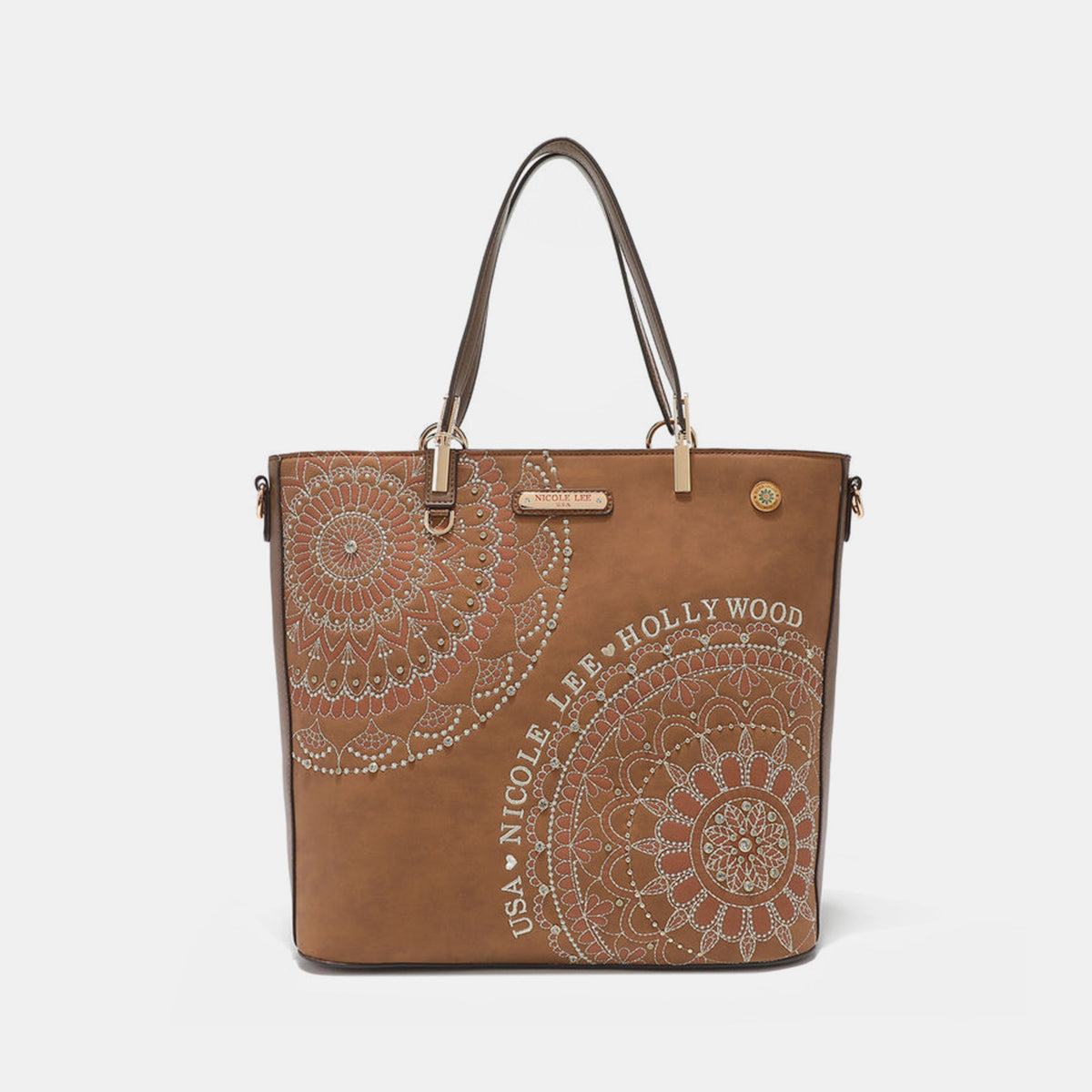 Nicole Lee USA Metallic Stitching Embroidery Inlaid Rhinestone Tote Bag-Teresa&#39;s Fashionista LLC