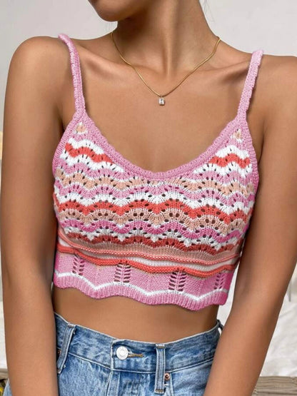 Openwork Striped Scoop Neck Cami-Teresa&#39;s Fashionista LLC