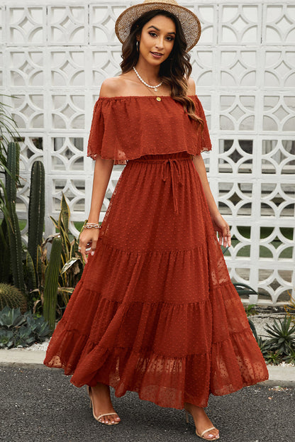 Swiss Dot Off-Shoulder Tiered Maxi Dress-Teresa&#39;s Fashionista LLC