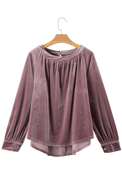 Rose Tan Button Keyhole Back Velvet Swing Top-Teresa&#39;s Fashionista LLC