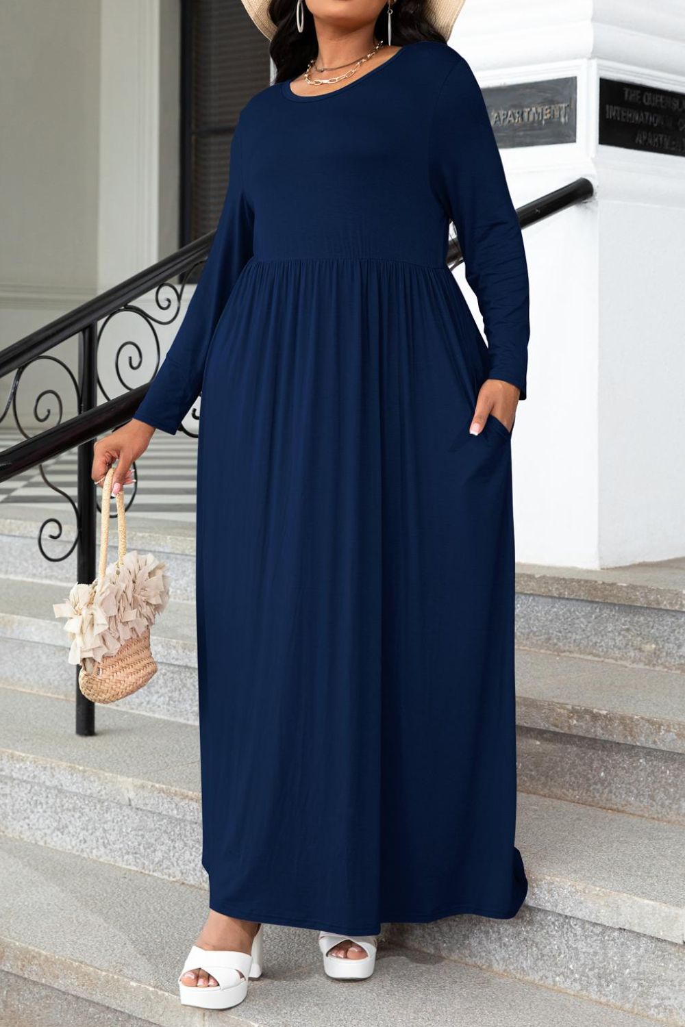 Plus Size Round Neck Long Sleeve Maxi Dress with Pockets-Teresa&#39;s Fashionista LLC