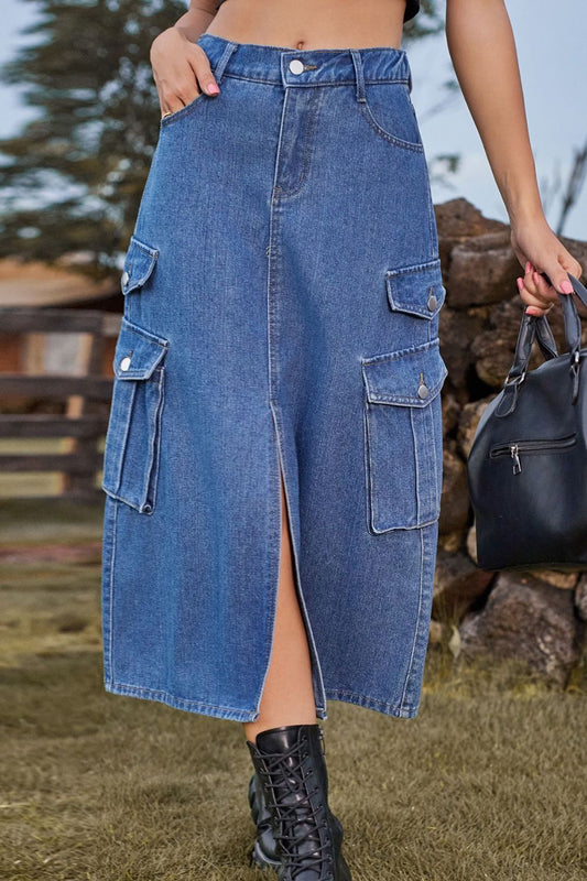Slit Front Midi Denim Skirt with Pockets - Teresa's Fashionista LLC