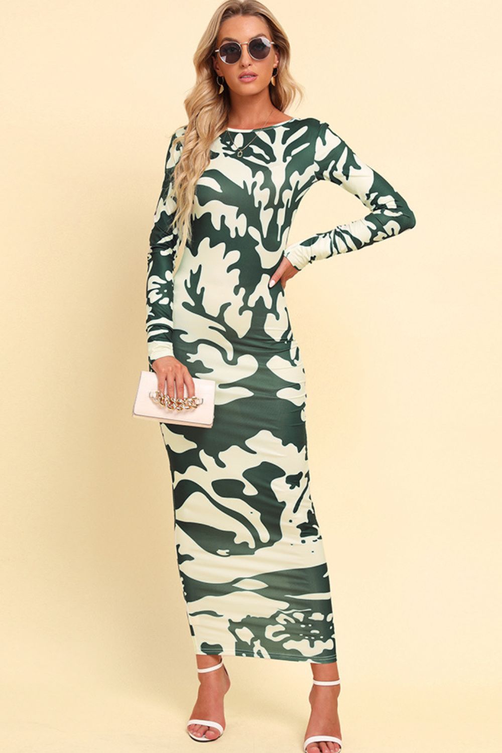 Printed Backless Long Sleeve Maxi Dress-Teresa&#39;s Fashionista LLC