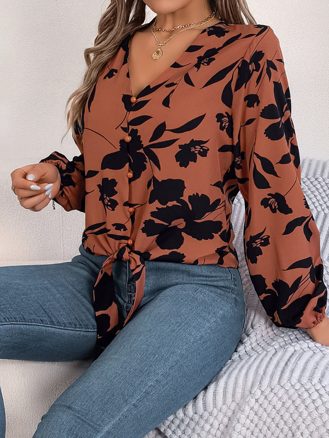 Printed V-Neck Long Sleeve Blouse-Teresa&#39;s Fashionista LLC