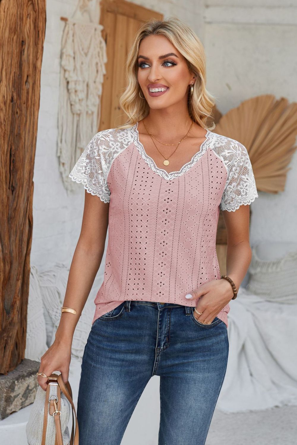 Eyelet V-Neck Lace Short Sleeve T-Shirt-Teresa&#39;s Fashionista LLC