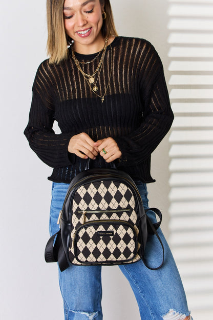 David Jones Argyle Pattern PU Leather Backpack-Teresa&#39;s Fashionista LLC