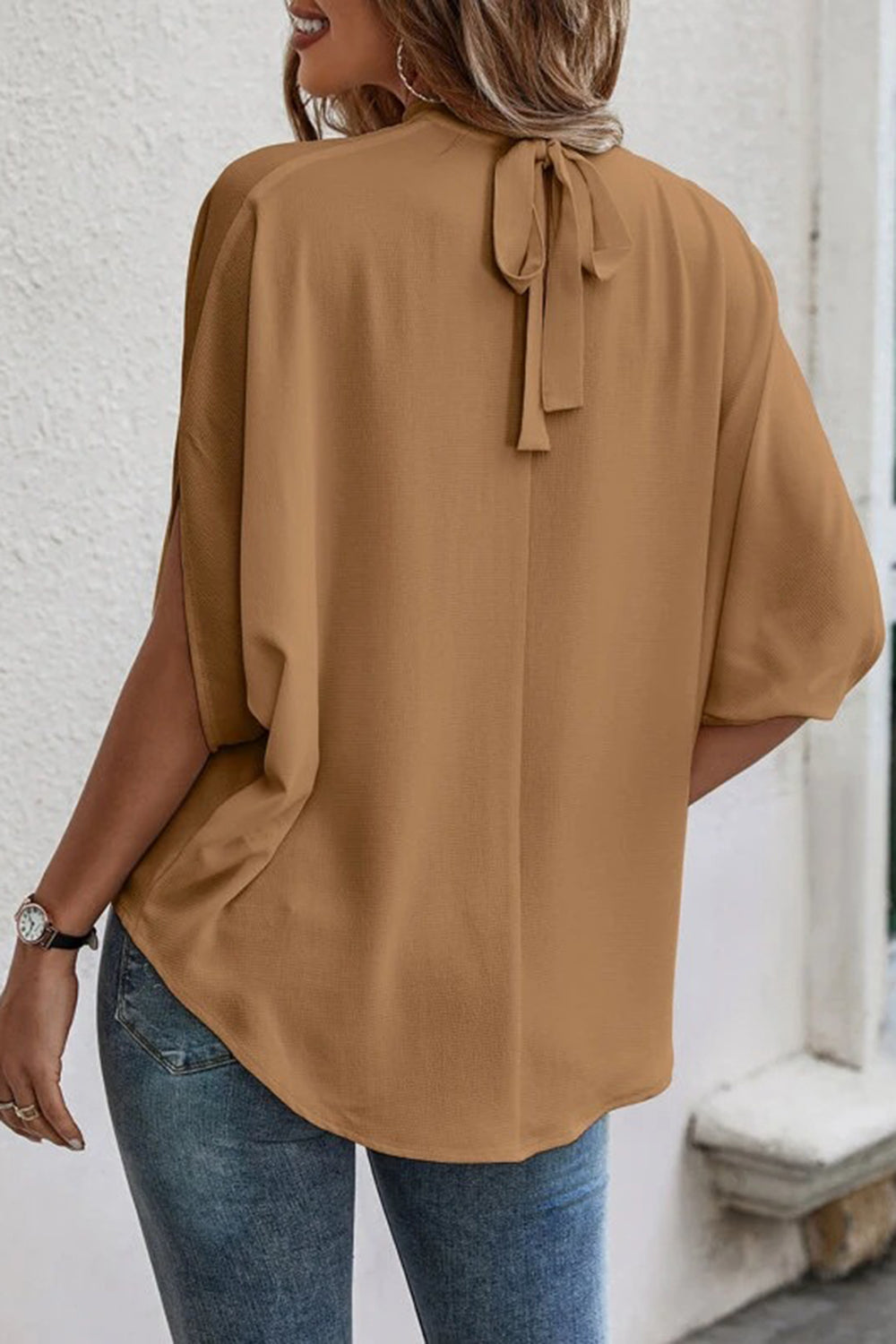 Tie Back Slit Half Sleeve Blouse-Teresa&#39;s Fashionista LLC