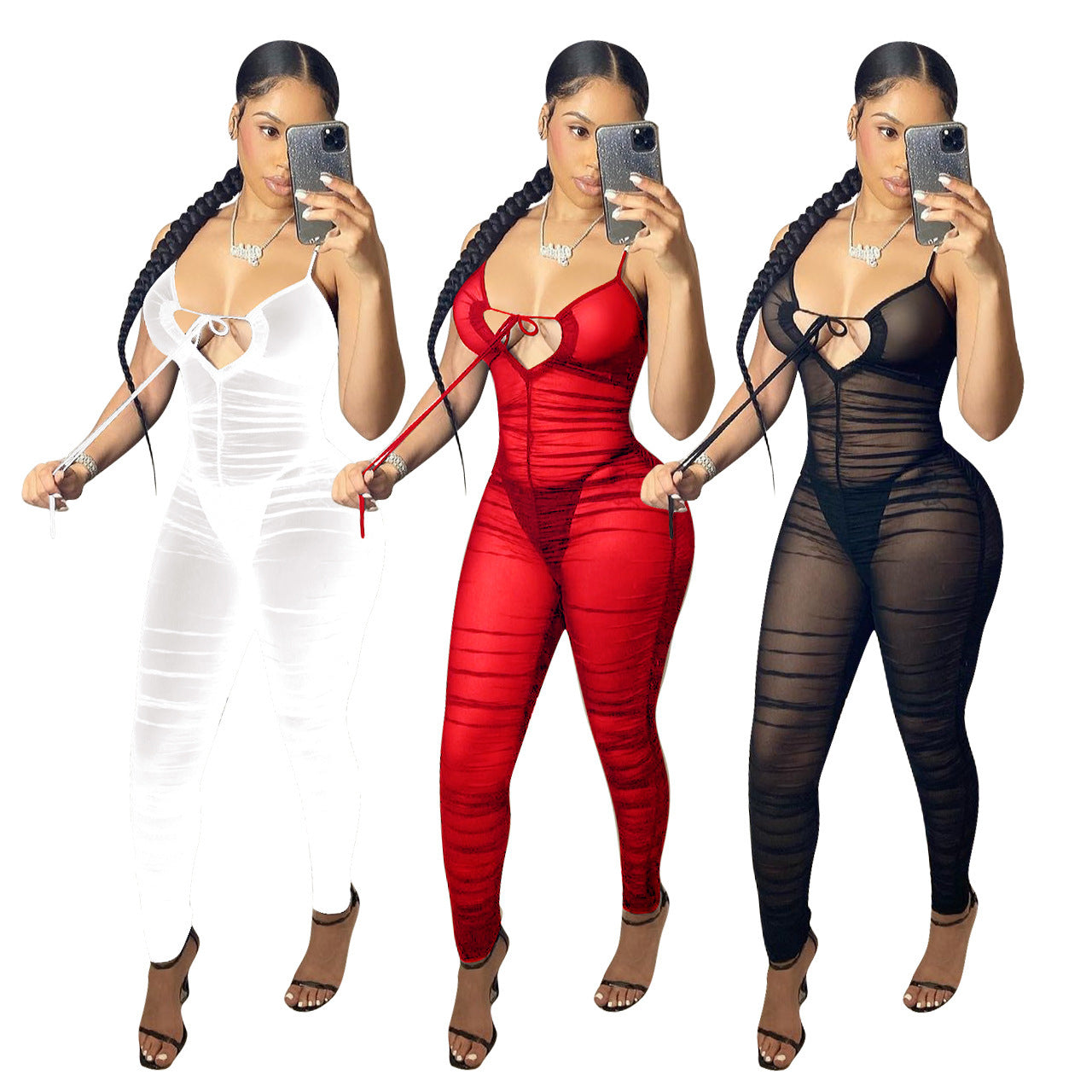 Beyprern Sheer Mesh Ruched Skinny Jumpsuits Women Rompers-Teresa&#39;s Fashionista LLC