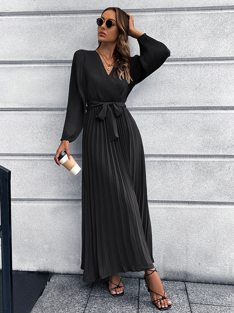 V-Neck Tie Waist Pleated Maxi Dress-Teresa&#39;s Fashionista LLC