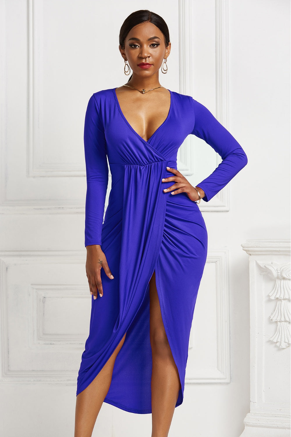 High-low Ruched Surplice Long Sleeve Dress-Teresa&#39;s Fashionista LLC