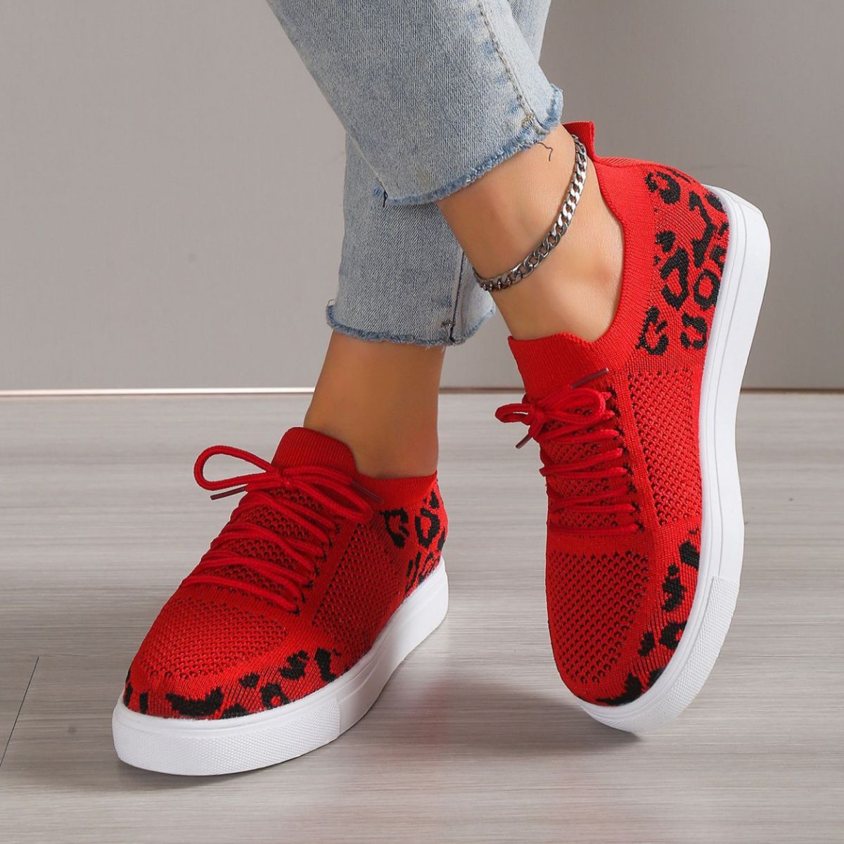 Lace-Up Leopard Flat Sneakers-Teresa&#39;s Fashionista LLC