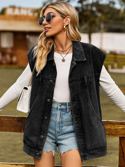 Button Up Collared Neck Sleeveless Denim Jacket-Teresa&#39;s Fashionista LLC