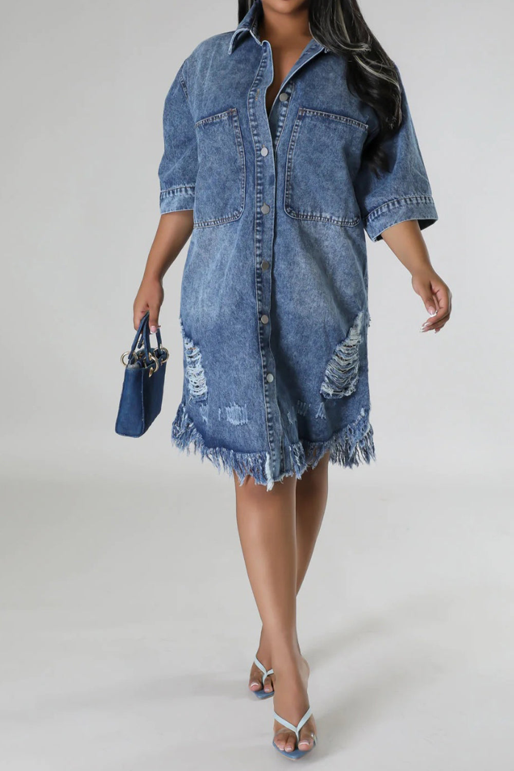 Distressed Raw Hem Button Up Denim Dress-Teresa&#39;s Fashionista LLC