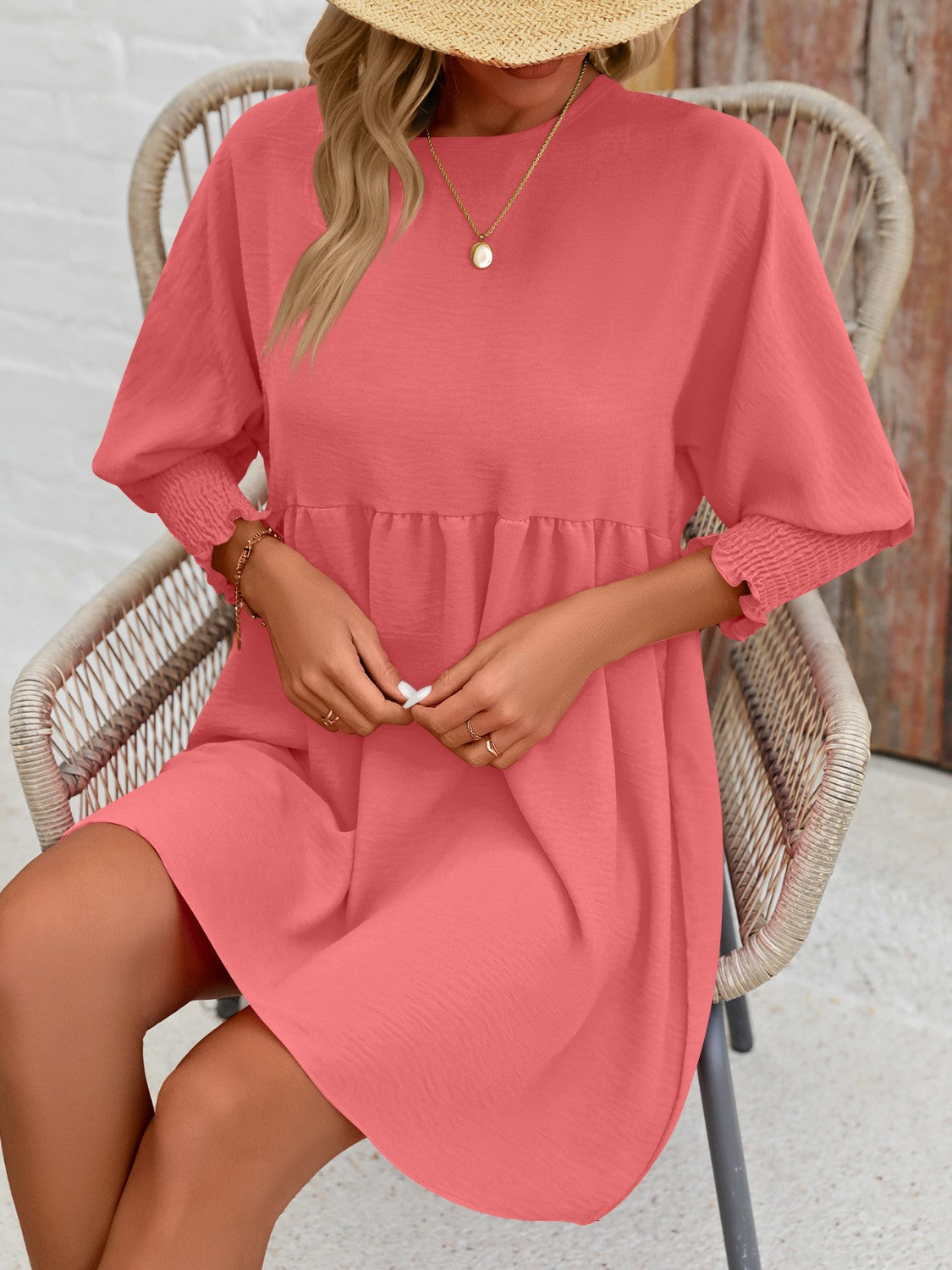 Round Neck Lantern Sleeve Mini Dress-Teresa&#39;s Fashionista LLC