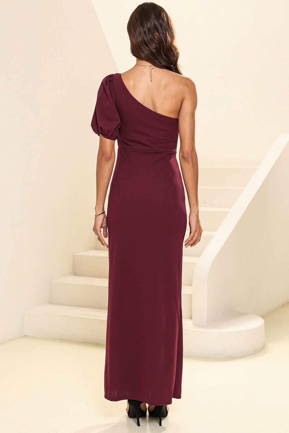 One shoulder Balloon Sleeve Slit Maxi Dress-Teresa&#39;s Fashionista LLC