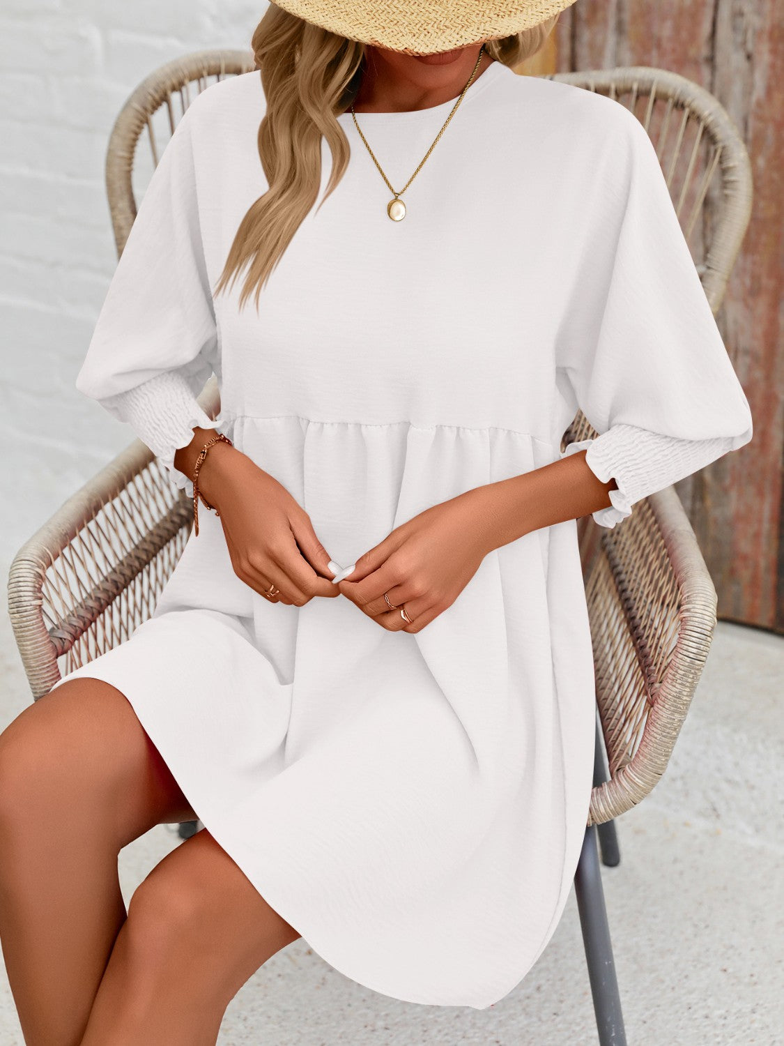 Round Neck Lantern Sleeve Mini Dress-Teresa&#39;s Fashionista LLC